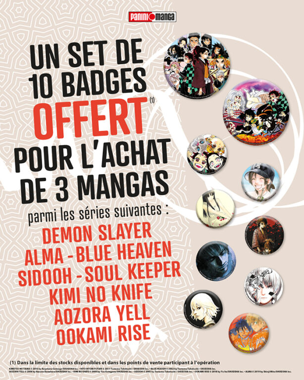 Panini : un set de 10 badges offert pour l'achat de 3 mangas